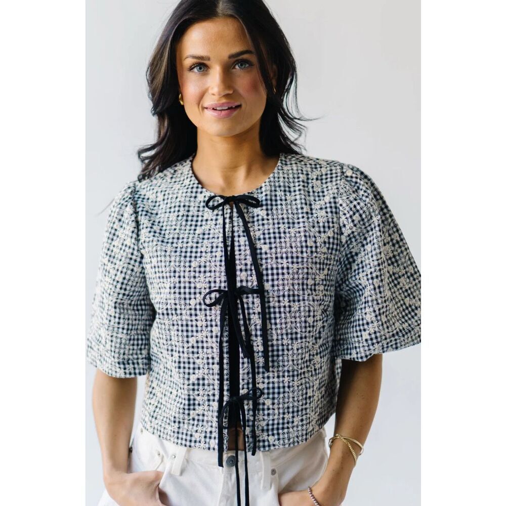 In The Beginning Womens Bria Tie Front Gingham Embroidered Blouse Black Size Lar